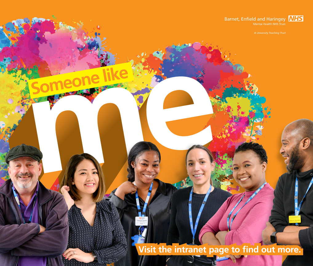 Text saying 'Someone like me' displayed on an orange and multi-coloured background, with NHS staff of different ethnicities smiling towards the camera