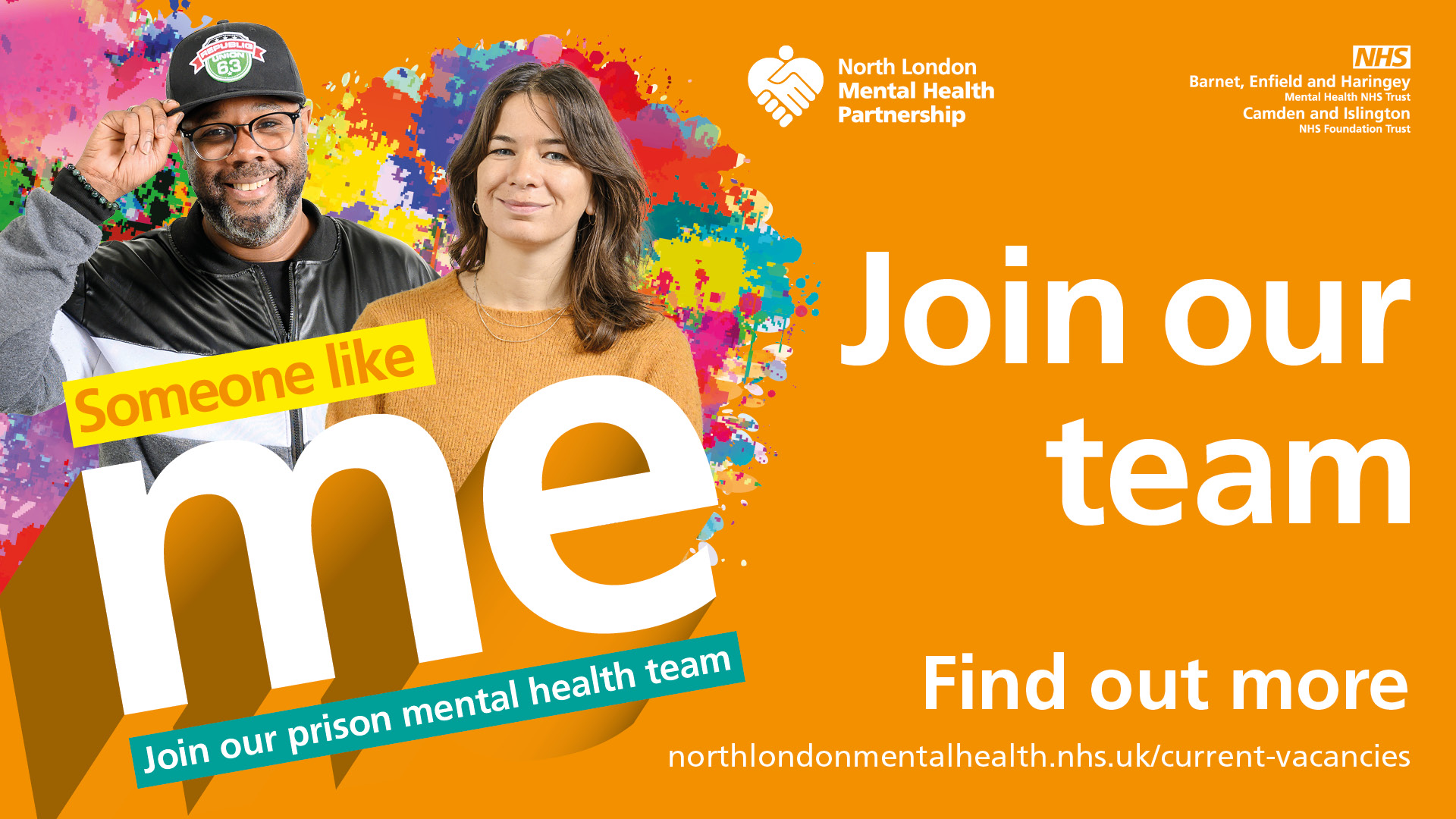 Orange graphic with a black man and a white woman smiling at the camera. The text overlaid says "Join our prison mental health team"